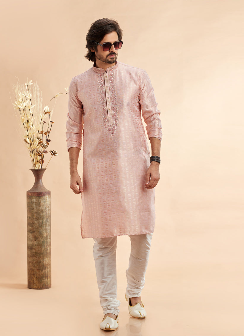 Blush Peach Jacquard Art Silk Embroidered Kurta Pajama Set
