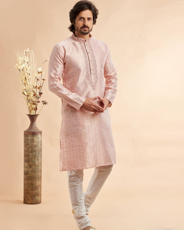 Blush Peach Jacquard Art Silk Embroidered Kurta Pajama Set