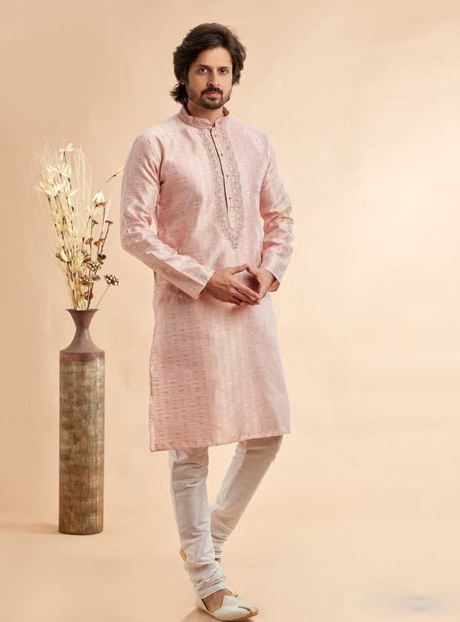 Blush Peach Jacquard Art Silk Embroidered Kurta Pajama Set