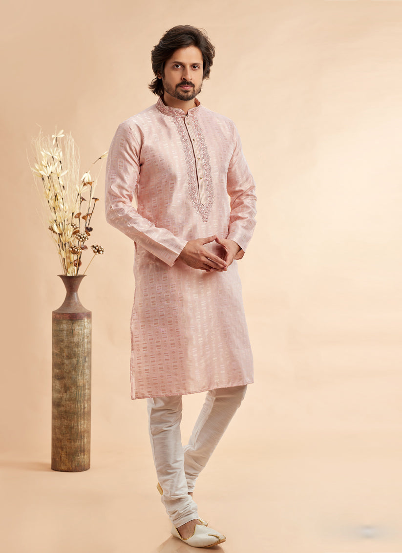 Blush Peach Jacquard Art Silk Embroidered Kurta Pajama Set