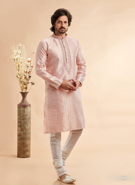 Blush Peach Jacquard Art Silk Embroidered Kurta Pajama Set