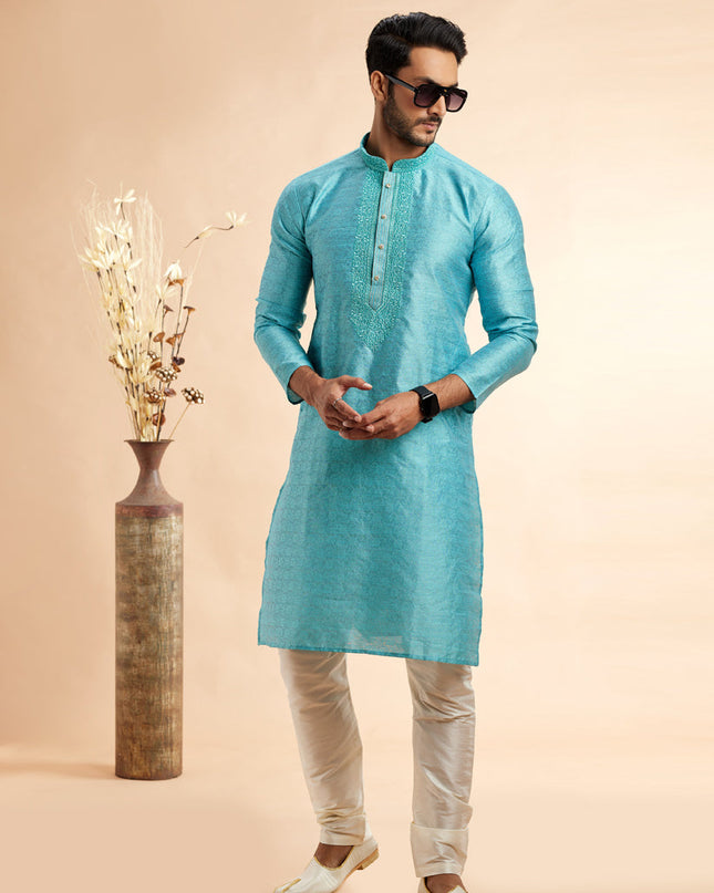 Sky Blue Jacquard Art Silk Embroidered Kurta Pajama Set