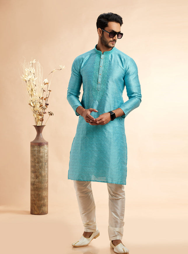 Sky Blue Jacquard Art Silk Embroidered Kurta Pajama Set