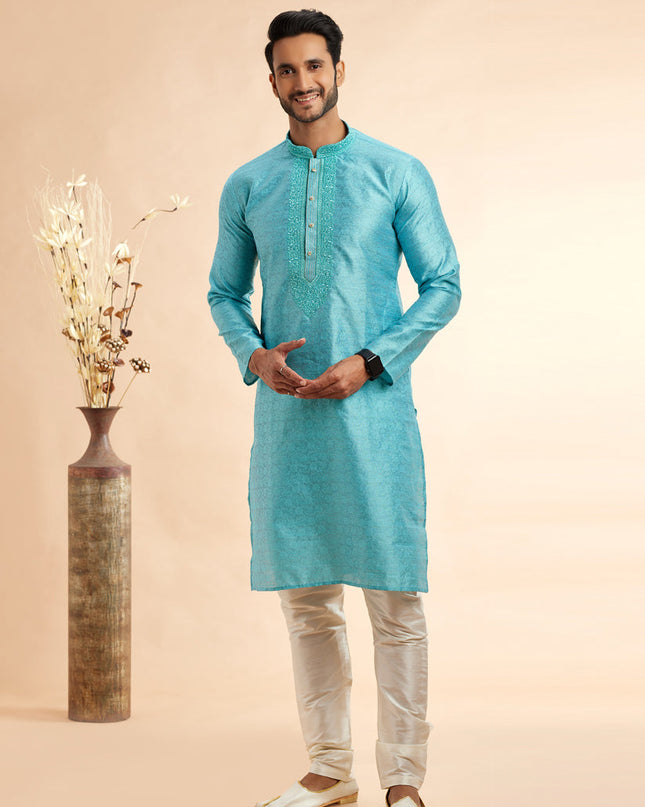 Sky Blue Jacquard Art Silk Embroidered Kurta Pajama Set