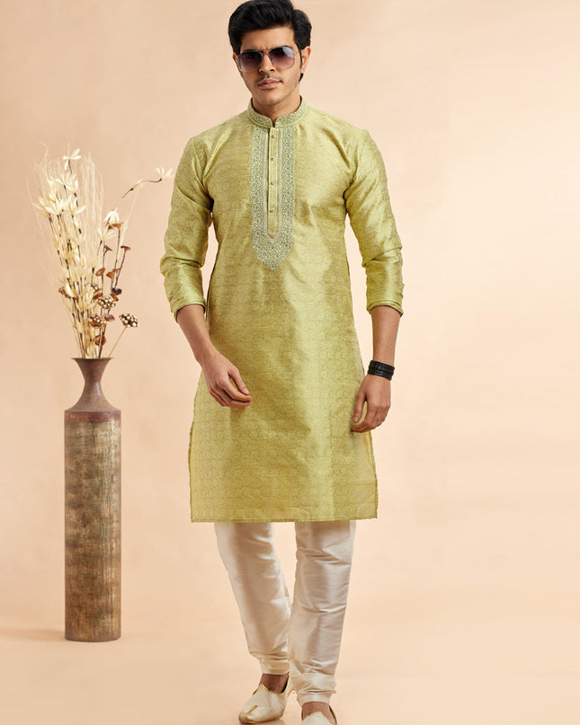 Chartreuse Green Jacquard Art Silk Embroidered Kurta Pajama Set