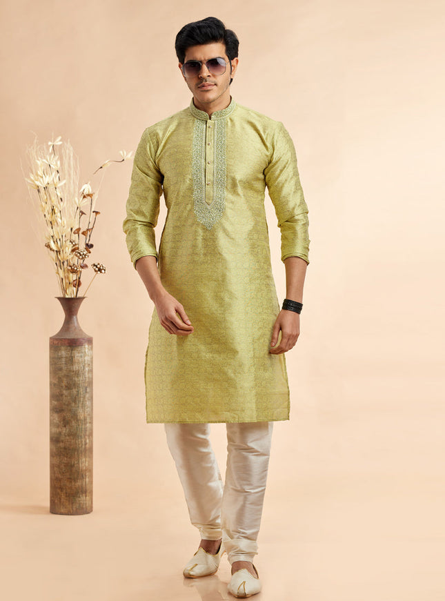 Chartreuse Green Jacquard Art Silk Embroidered Kurta Pajama Set