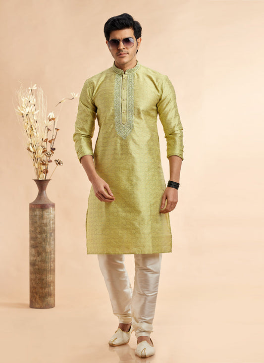 Chartreuse Green Jacquard Art Silk Embroidered Kurta Pajama Set