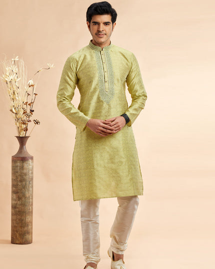 Chartreuse Green Jacquard Art Silk Embroidered Kurta Pajama Set