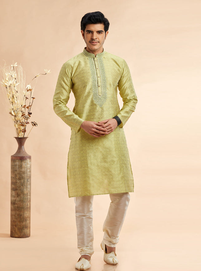 Chartreuse Green Jacquard Art Silk Embroidered Kurta Pajama Set
