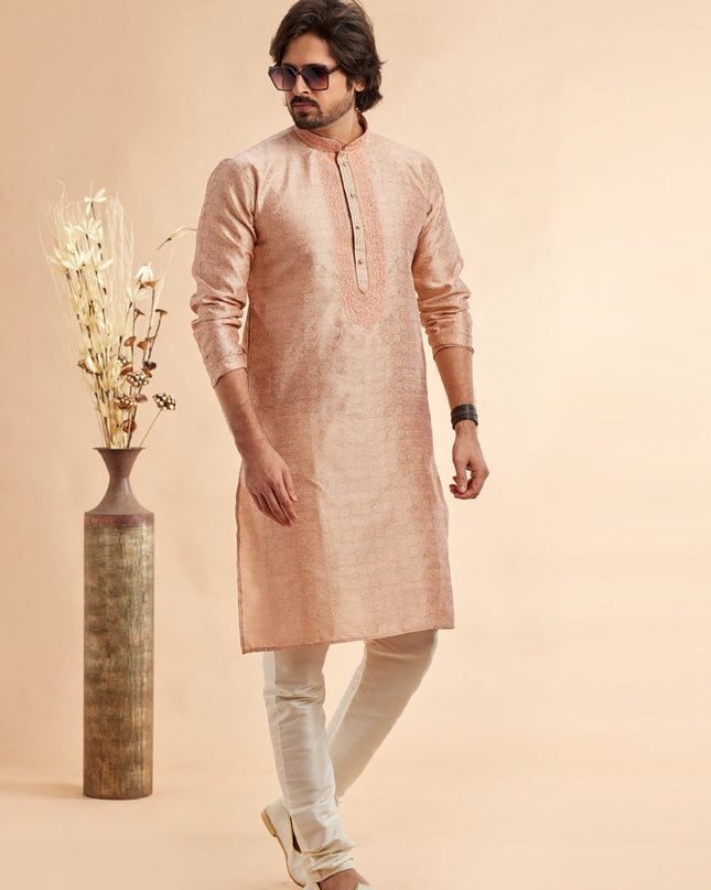 Rose Gold Jacquard Art Silk Embroidered Kurta Pajama Set