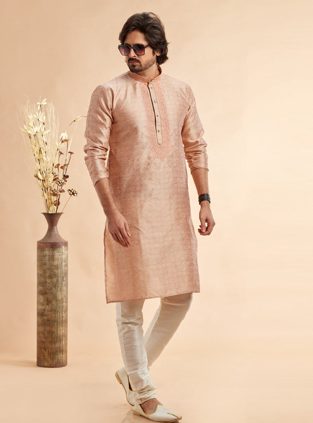 Rose Gold Jacquard Art Silk Embroidered Kurta Pajama Set