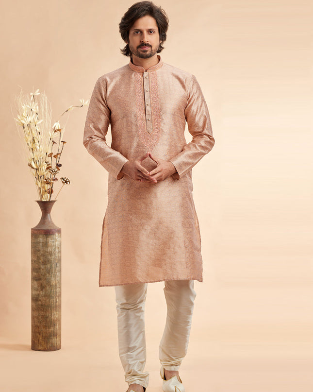 Rose Gold Jacquard Art Silk Embroidered Kurta Pajama Set