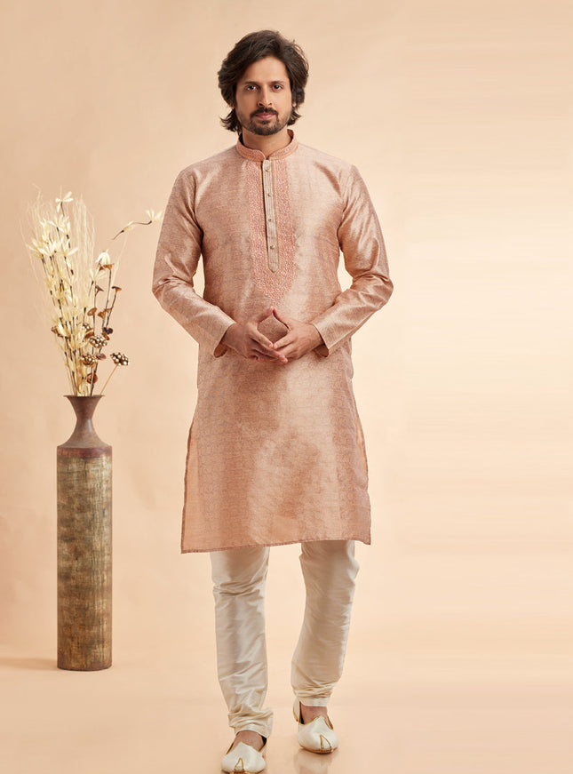 Rose Gold Jacquard Art Silk Embroidered Kurta Pajama Set
