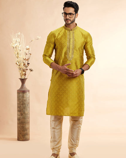 Chartreuse Jacquard Art Silk Embroidered Kurta Pajama Set