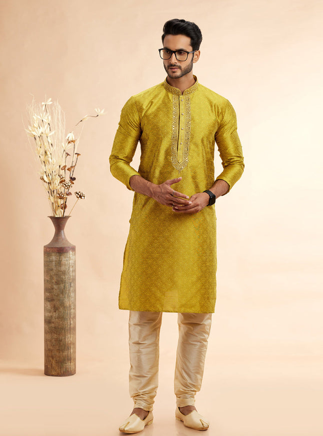 Chartreuse Jacquard Art Silk Embroidered Kurta Pajama Set