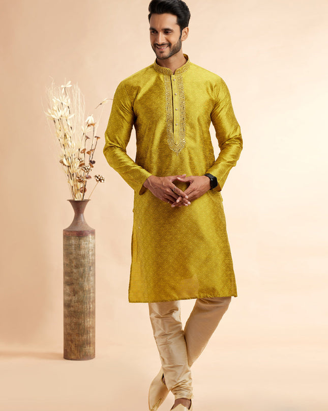 Chartreuse Jacquard Art Silk Embroidered Kurta Pajama Set