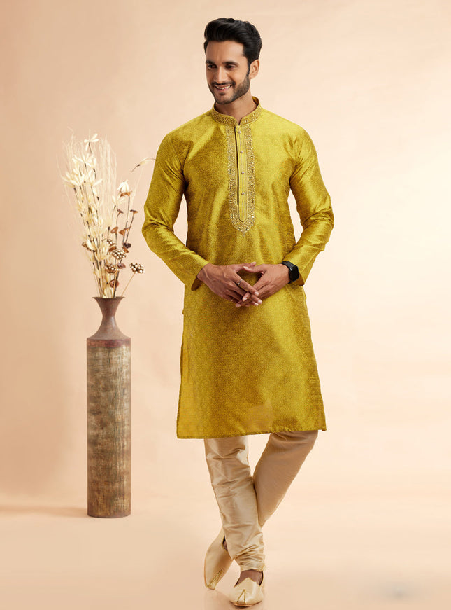 Chartreuse Jacquard Art Silk Embroidered Kurta Pajama Set