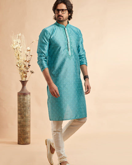 Azure Blue Jacquard Art Silk Embroidered Kurta Pajama Set