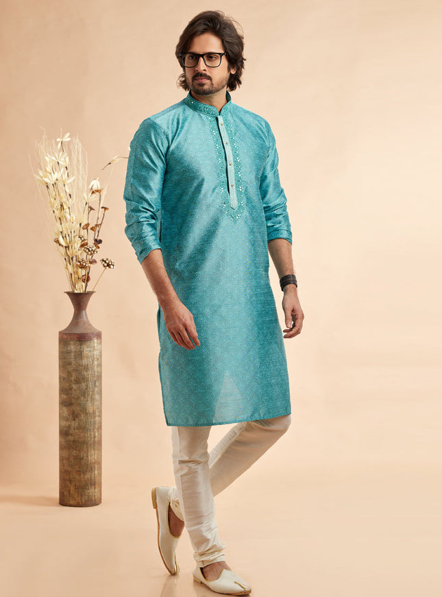 Azure Blue Jacquard Art Silk Embroidered Kurta Pajama Set