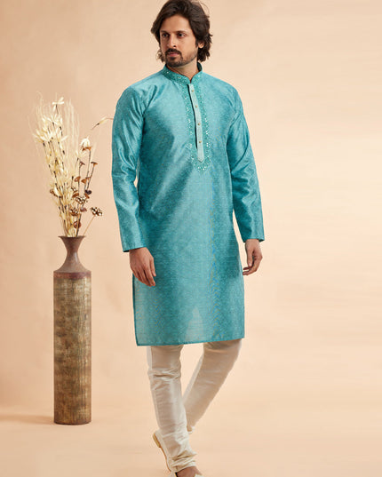 Azure Blue Jacquard Art Silk Embroidered Kurta Pajama Set