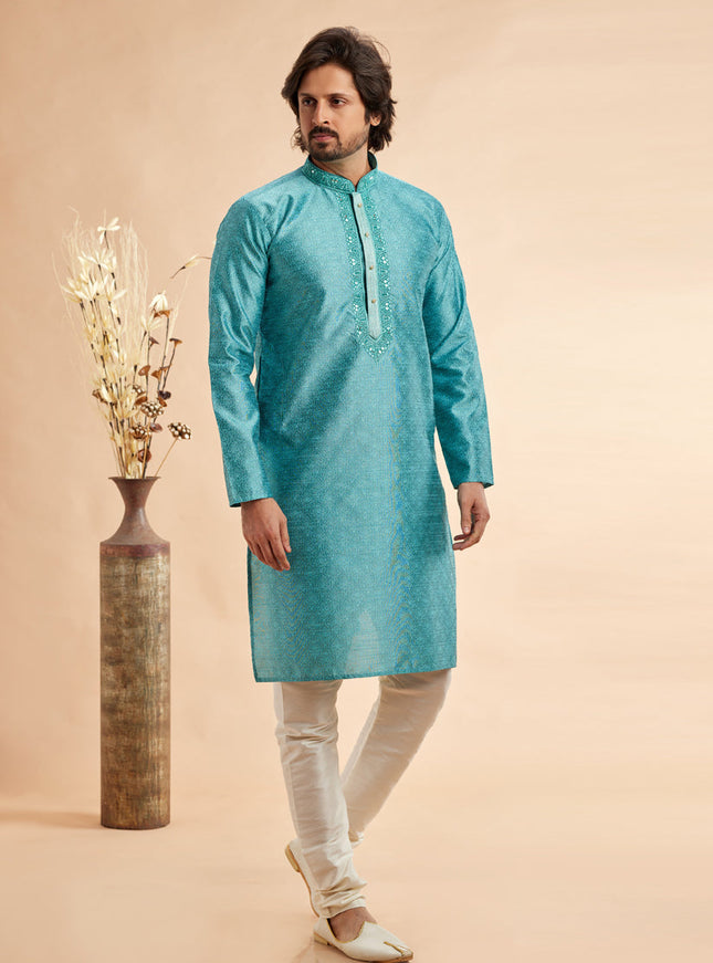 Azure Blue Jacquard Art Silk Embroidered Kurta Pajama Set