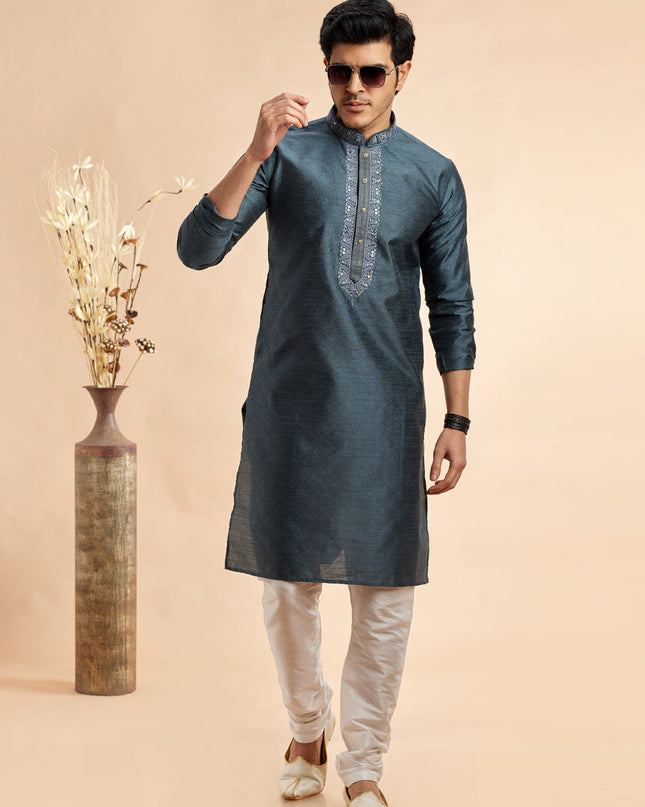 Slate Grey Jacquard Art Silk Embroidered Kurta Pajama Set
