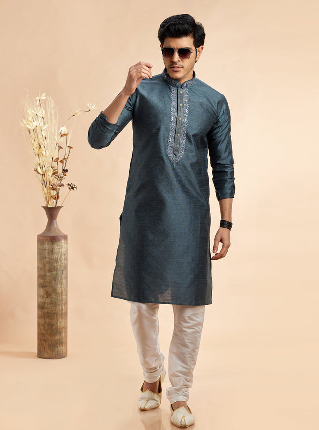 Slate Grey Jacquard Art Silk Embroidered Kurta Pajama Set