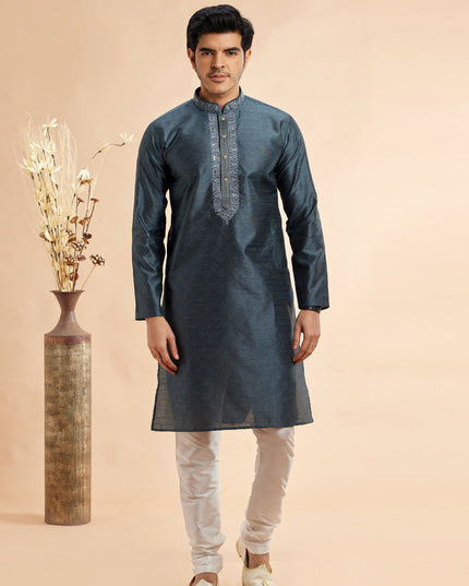 Slate Grey Jacquard Art Silk Embroidered Kurta Pajama Set