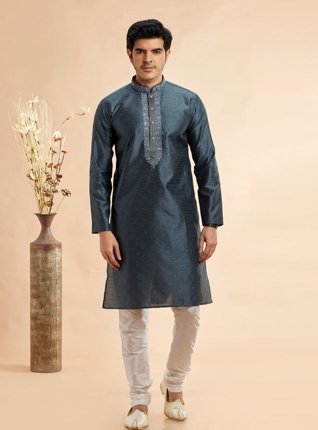 Slate Grey Jacquard Art Silk Embroidered Kurta Pajama Set