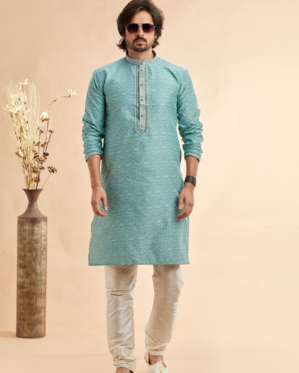 Ice Blue Jacquard Art Silk Embroidered Kurta Pajama Set