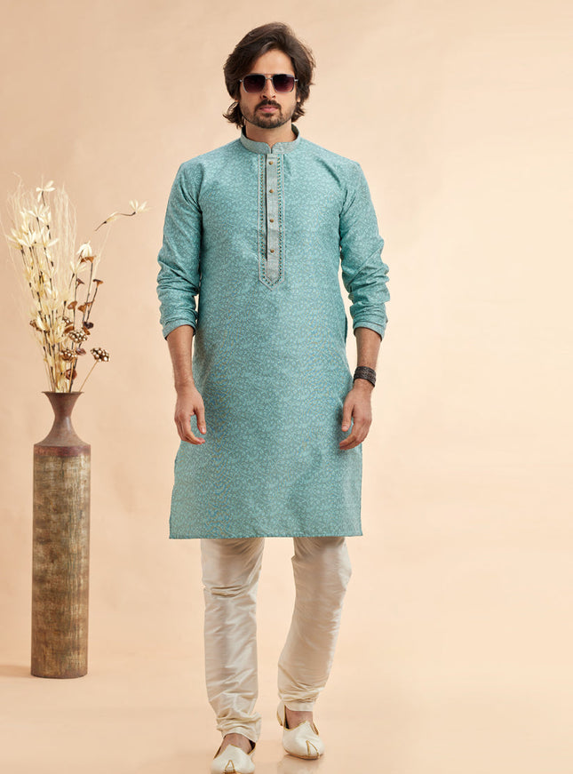 Ice Blue Jacquard Art Silk Embroidered Kurta Pajama Set