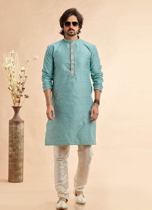 Ice Blue Jacquard Art Silk Embroidered Kurta Pajama Set