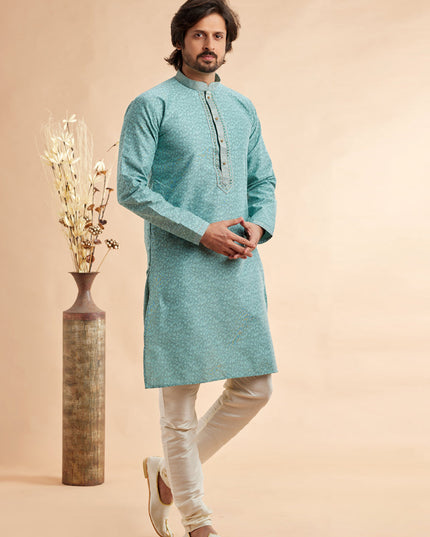 Ice Blue Jacquard Art Silk Embroidered Kurta Pajama Set