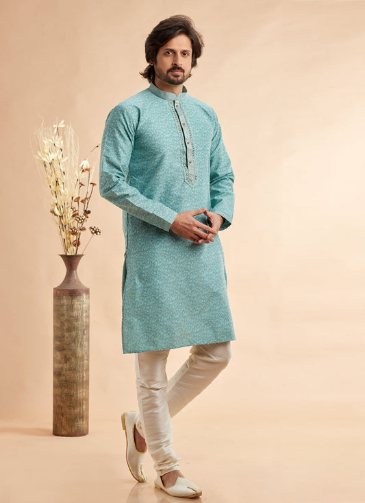 Ice Blue Jacquard Art Silk Embroidered Kurta Pajama Set