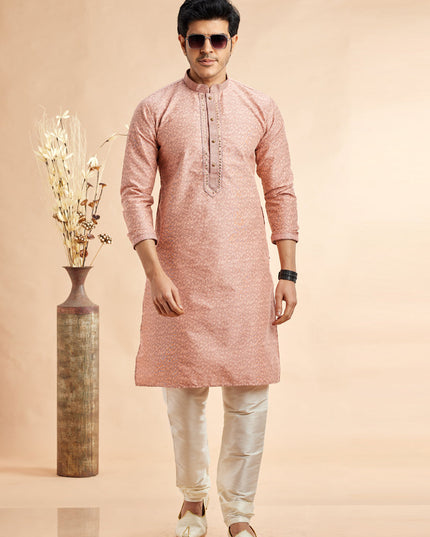 Peach Jacquard Art Silk Embroidered Kurta Pajama Set