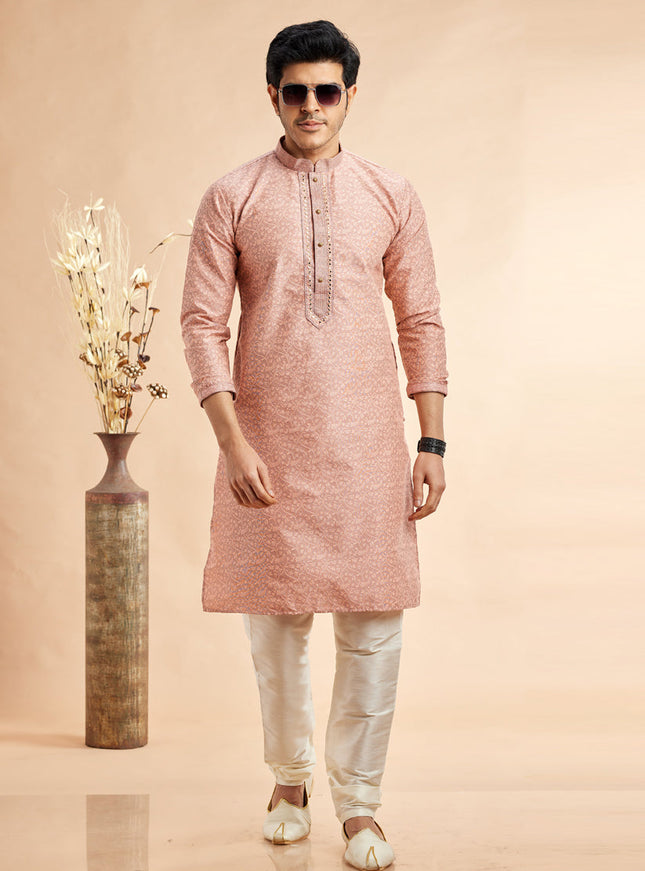 Peach Jacquard Art Silk Embroidered Kurta Pajama Set