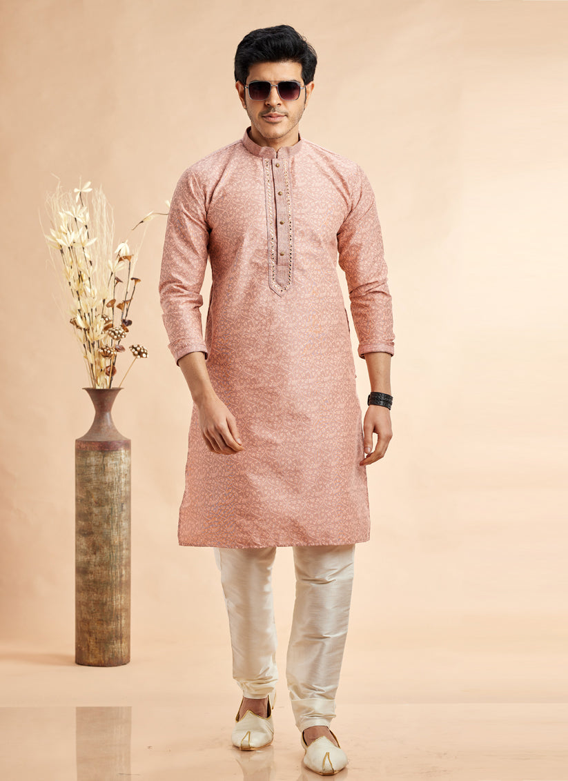 Peach Jacquard Art Silk Embroidered Kurta Pajama Set