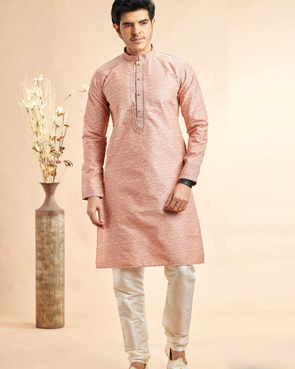 Peach Jacquard Art Silk Embroidered Kurta Pajama Set