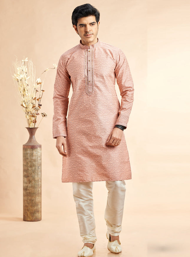 Peach Jacquard Art Silk Embroidered Kurta Pajama Set
