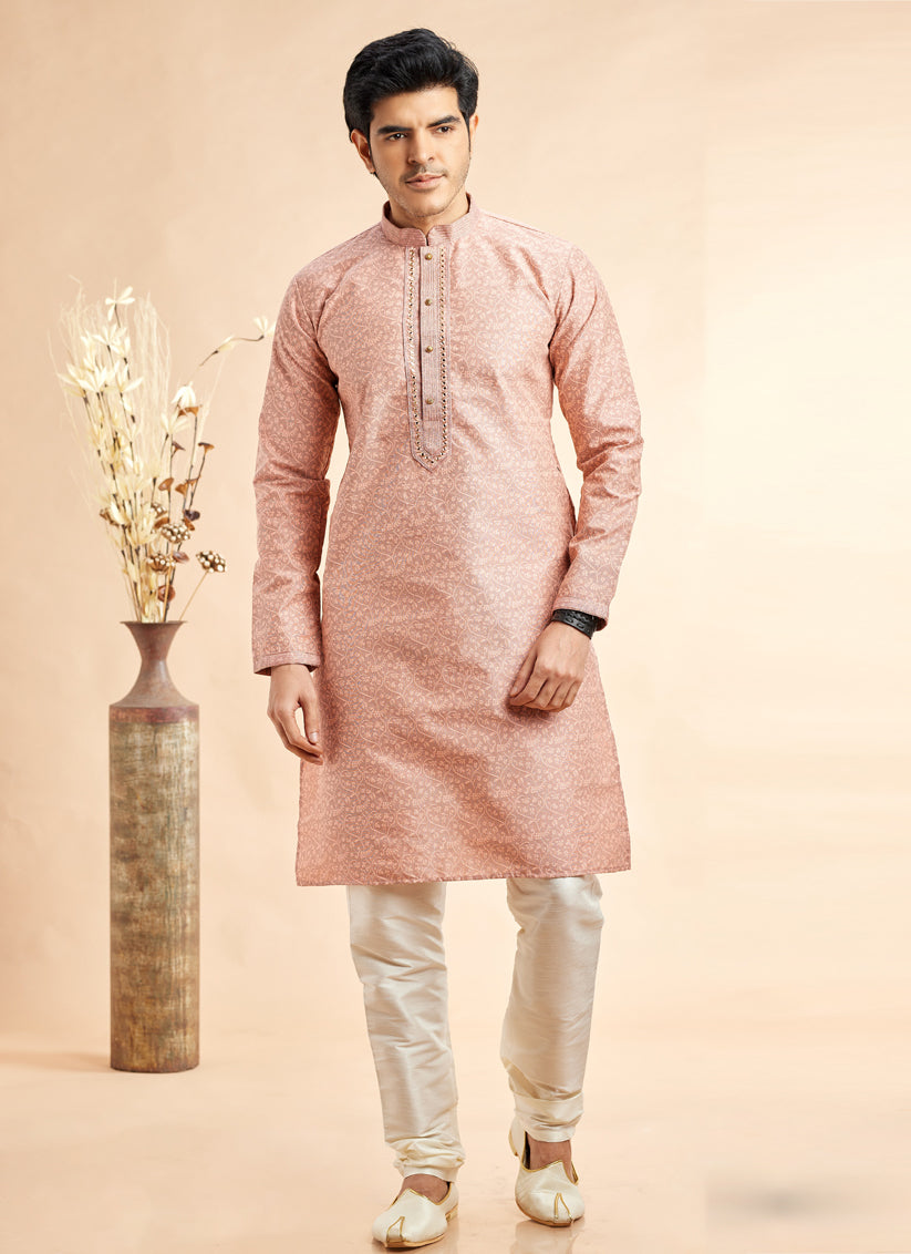 Peach Jacquard Art Silk Embroidered Kurta Pajama Set