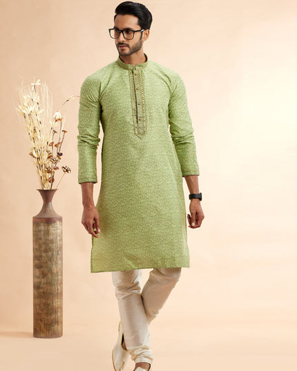 Lime Green Jacquard Art Silk Embroidered Kurta Pajama Set