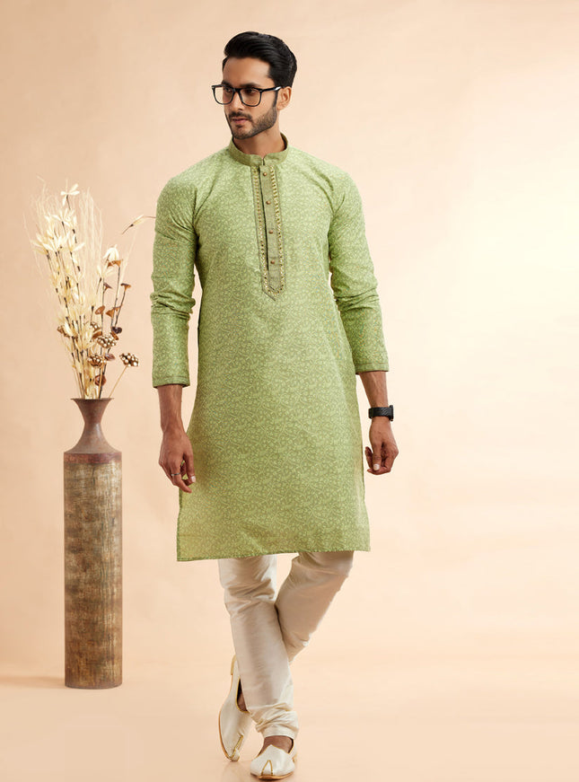 Lime Green Jacquard Art Silk Embroidered Kurta Pajama Set