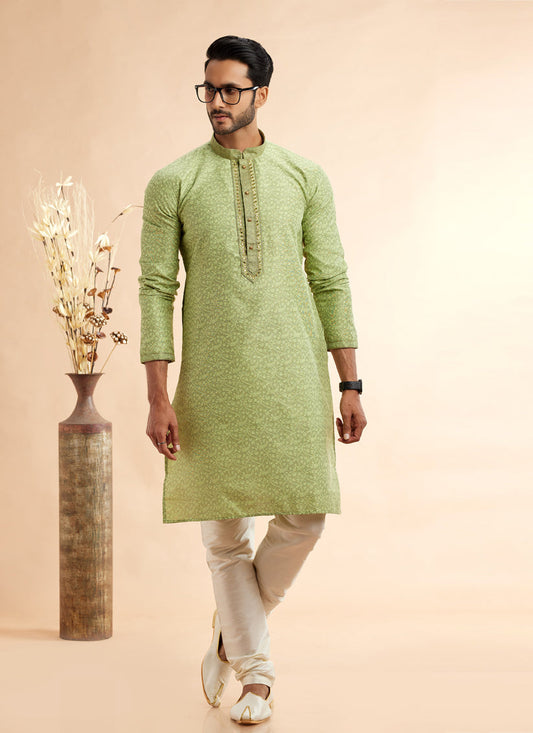 Lime Green Jacquard Art Silk Embroidered Kurta Pajama Set