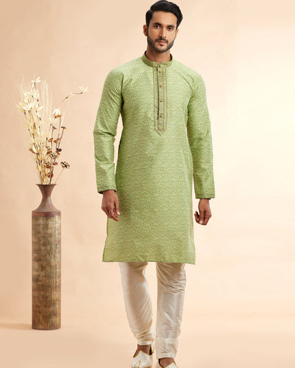 Lime Green Jacquard Art Silk Embroidered Kurta Pajama Set