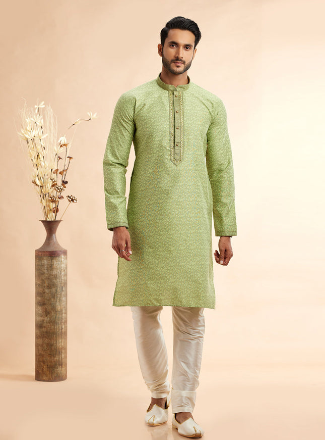Lime Green Jacquard Art Silk Embroidered Kurta Pajama Set