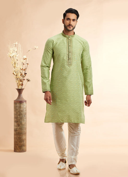 Lime Green Jacquard Art Silk Embroidered Kurta Pajama Set