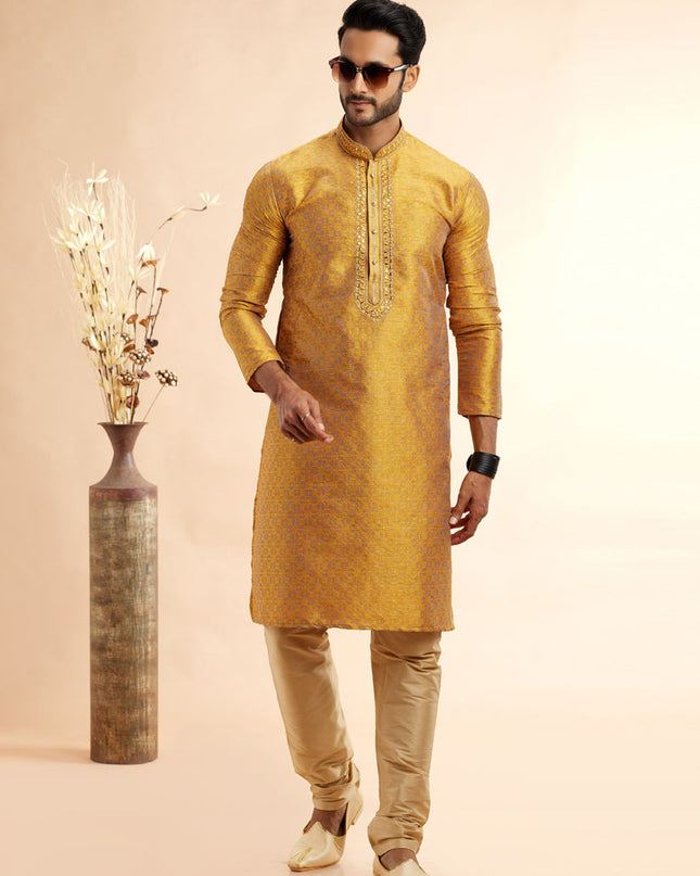 Mustard Jacquard Art Silk Embroidered Kurta Pajama Set