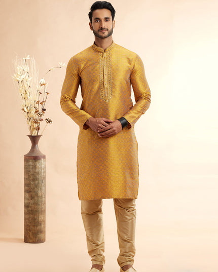 Mustard Jacquard Art Silk Embroidered Kurta Pajama Set