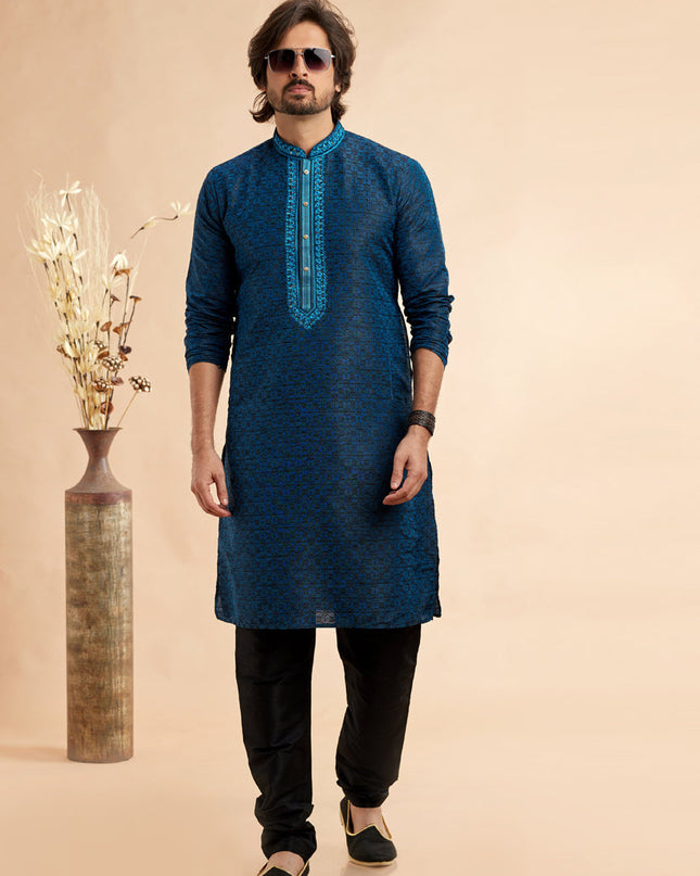 Peacock Blue Jacquard Art Silk Embroidered Kurta Pajama Set