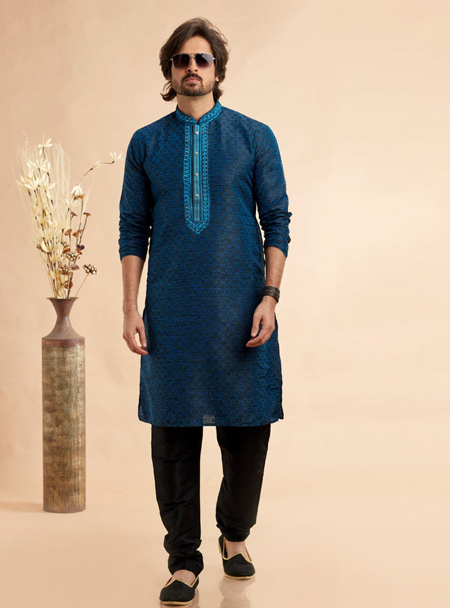 Peacock Blue Jacquard Art Silk Embroidered Kurta Pajama Set
